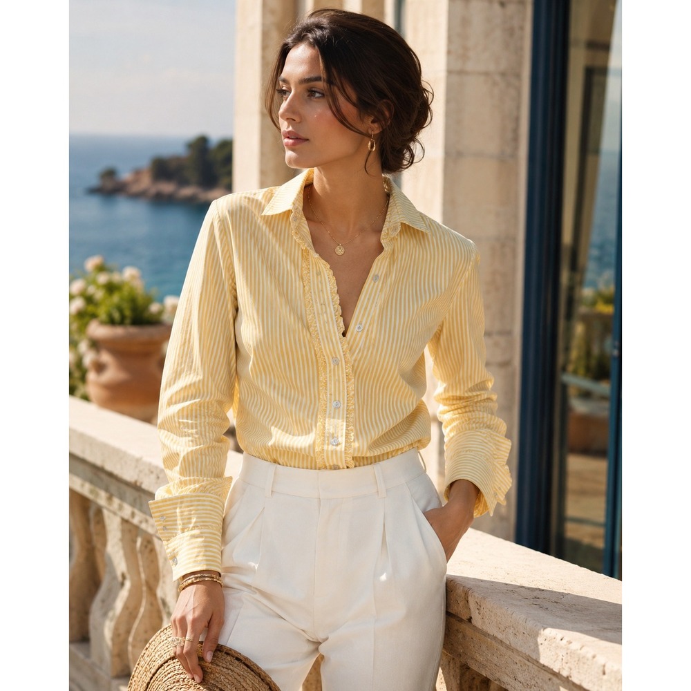 Lands End Womens Yellow White Striped Ruffle Front Button Down Shirt Size 2